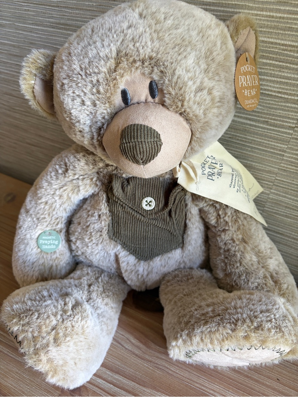 Pocket Prayer religious Plush Teddy Bear in Light Brown with Olive Bib 18”
